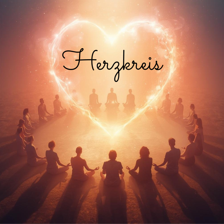 Herzkreismeditation Gesellige Menschen in einem Herz-Kreis, umgeben von sanftem Licht. Text: "Herzkreis".